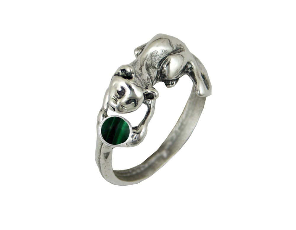 Sterling Silver Kitty Cat Ring With Malachite Size 5